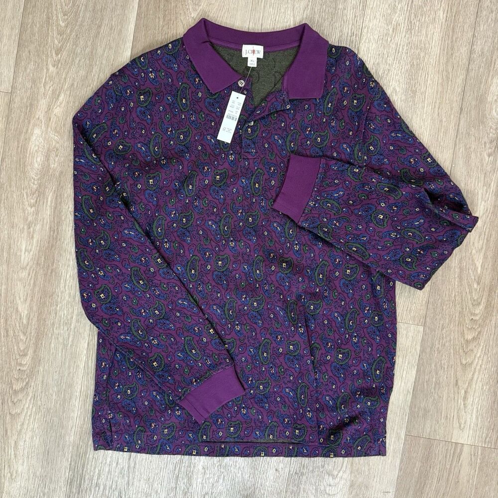 J Crew Dolce Paisley Jacquard Purple Long Sleeve Cotton Knit XL Polo Shirt Rugby